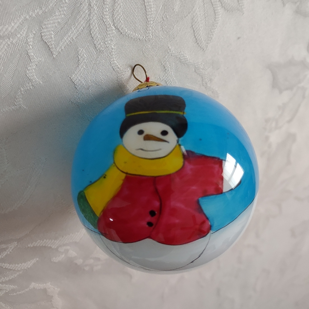 Vintage Hand painted Snowman Holly Berries Glass Ornament - Blue Red White